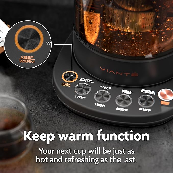 Vianté Electric Kettle With Infuser For Loose Leaf. Hot Tea Maker With Temperature Control And Automatic Shut Off. Tea Kettle With Brewing Programs. 1.5 Liters Capacity | Black Color