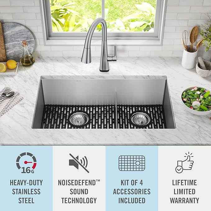 DELTA FAUCET Delta Lenta 32-inch Undermount 16 Gauge Stainless Steel Double Bowl Kitchen Sink with Accessories, 953034-32D6-SS, Satin, 32 Inch - Double Bowl
