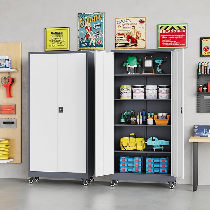 75" Tall Metal Storage Cabinet with Wheels,Rolling Garage Storage Cabinet with Lock,Gray White Metal Cabinets with Wheels and Shelves,Locking Tool Cabinets on Wheel for Garage,Home,Office,Shop