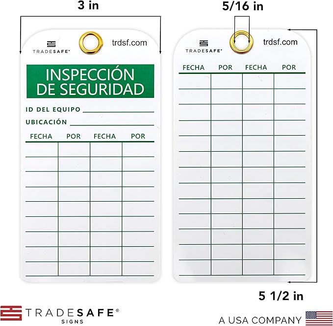 TRADESAFE Spanish Safety Inspection Tags, Inspección de Seguridad - 30 Safety Tags with 30 Zip Ties, Durable 32 mil Vinyl, Inspection Record Tag for Scaffolds, Ladders, Fire Extinguisher, Machinery
