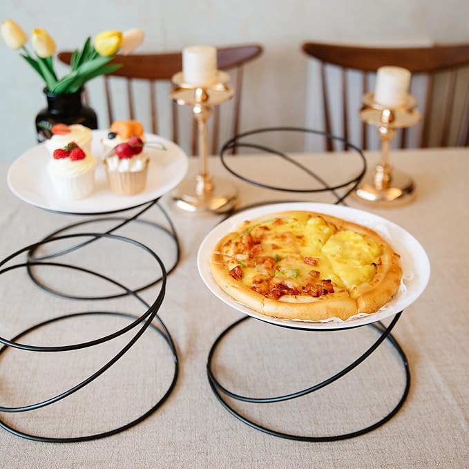 HPC DECOR Set of 4 Black Metal Wire Pizza Pan Riser Stands- Round Pizza Tray Riser Rack - Tabletop Display Racks for Food Platter Tray- Metal Display Stands for Home, Restaurant and Party