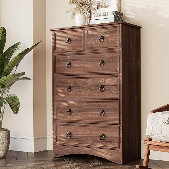 Dresser for Bedroom Tall, Mid Century Modern 6 Drawer Dresser, Cherry Wood Chest od Drawer with Large Storage for Clothes, Vintage, for Living Room, Bedroom, Hallway
