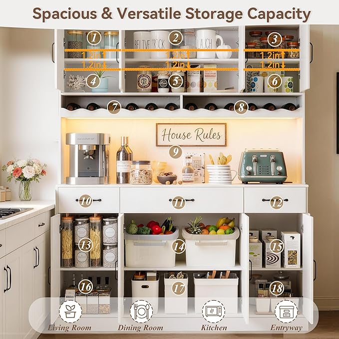72" Tall Kitchen Pantry Cabinet with Charging Station 55" Wide Kitchen Hutch Cabinet with LED Light and Countertop Large Kitchen Pantry Storage Cabinet With Adjustable Shelves and Wine Rack