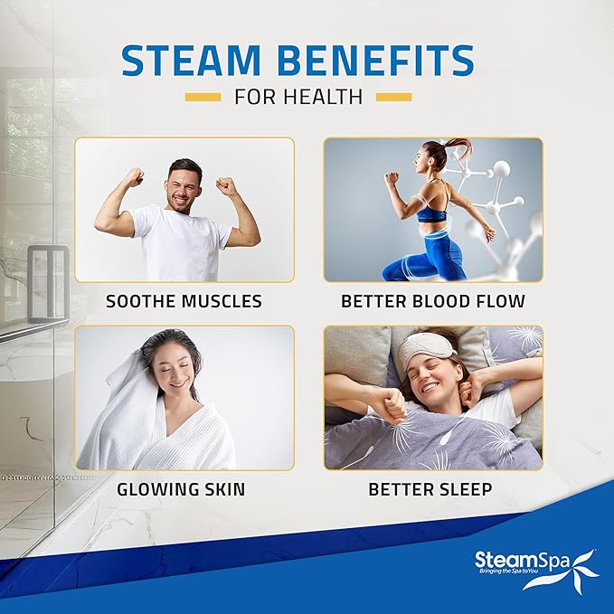 SteamSpa Steam System 18kW Steam Shower Generator with Bluetooth Wifi, Quickstart Continous Steam, Advanced Touch Pad Screen, Chroma Lights, Drain Pan and Auto Drain Gold RVBS1800GD-A