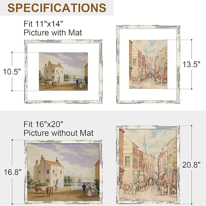 Vittanly 16x20 Picture Frame, Solid Wood Frame with Plexiglass, Includes 11x14 Mat, Wall Hanging for Photos, Home Decor, Distressed White, 1 Pack