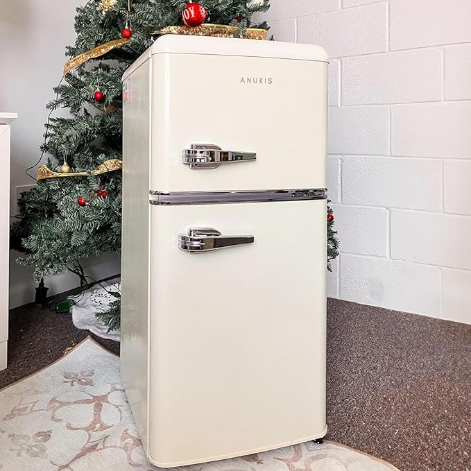 Anukis Mini Fridge with Freezer 3.2 Cu Ft 2 Door Compact Refrigerator for Apartment, Dorm, Office, Family, Basement, Garage - Retro Cream