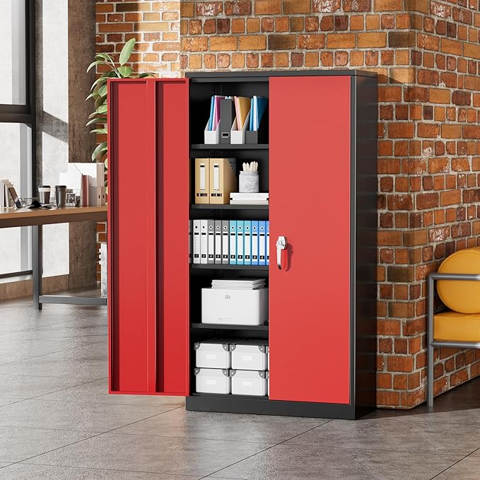 Greenvelly Metal Storage Cabinet with 2 Doors and 4 Adjustable Shelves, 72”H Steel Lockable Storage Cabinet,Tall Metal Garage Cabinet Locking File Cabinet for Office,Home, Garage, Gym, School