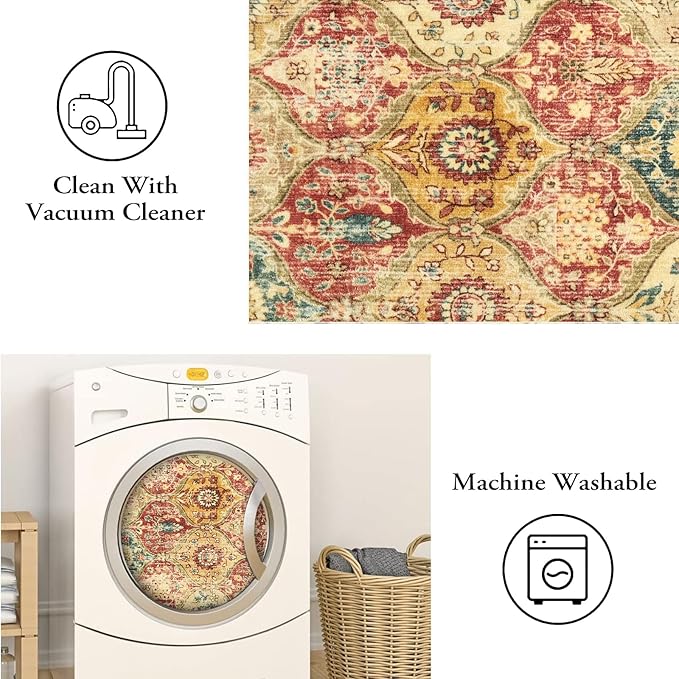 Lahome Moroccan Trellis Washable Round Rugs, Non-Slip Soft Round Rug 4ft Ultra-Thin, Small Vintage Circle Carpet for Entryway Kitchen Bedroom Nursery Bathroom, Red/Orange