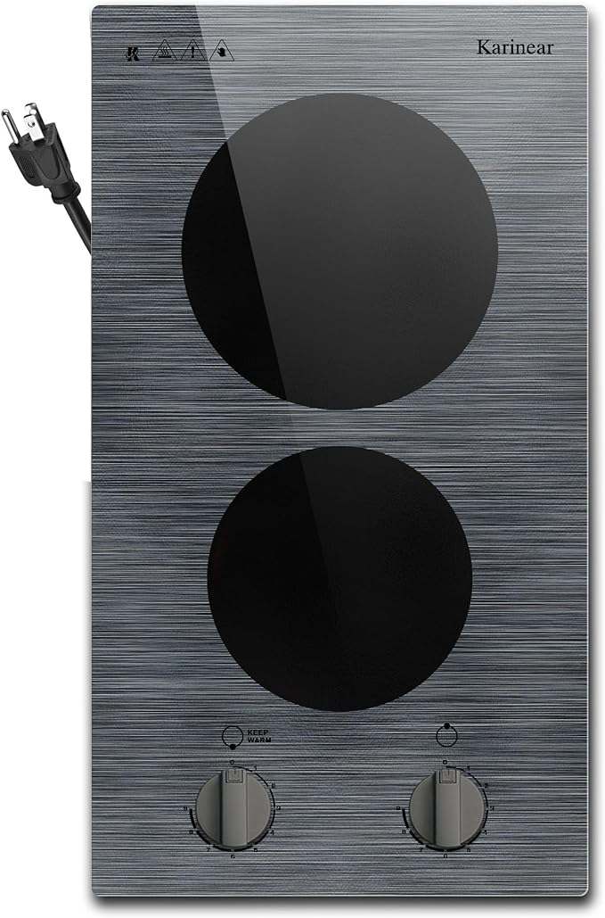 Karinear 2 Burners Electric Cooktop, 110v Electric Stove Top Knob Control, Built-in Countertop Ceramic Cooktop with Beautiful Woodgrain Pattern Glass Surface, 110v Outlet Plug