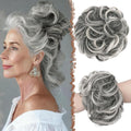 FESHFEN Messy Bun Hair Pieces - Large Wavy Curly Elastic Hair Bun Scrunchies Ponytail Extensions Synthetic Chignon Hairpieces for Women, Black Gray and White Tips 1.94oz