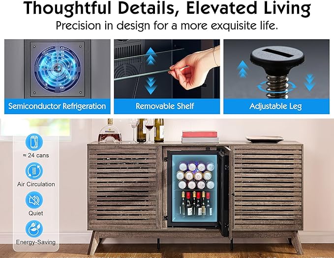 60" Farmhouse Coffee Bar Cabinet with Beverage Fridge (Included), Wine Bar Cabinet with Drawer Storage, Mini Fridge Cabinet, Sideboard Cabinet for Dining Room, Living Room-Brown
