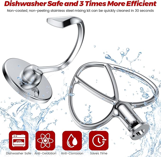 Premium 316 Stainless Steel Attachments 2 Piece Kit, Flat Beater & Dough Hook for 4.5 and 5 Qt Kitchenaid Tilt-Head Stand Mixers, Paddle&Dough Hook Mixers Accessories, Dishwasher Safe, Spatula&Recipe