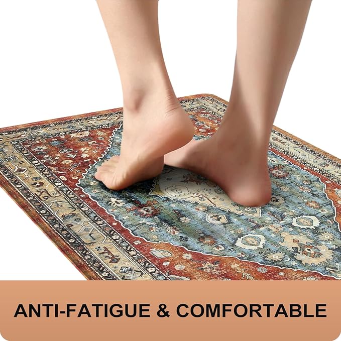 Collive Boho Cushioned Kitchen Mat, Comfort Anti Fatigue Mats for Kitchen Floor, Standing Desk Mat for Kitchen, Office, Laundry, Sink, 17”x47” Red Non-Skid Waterproof Kitchen Rugs