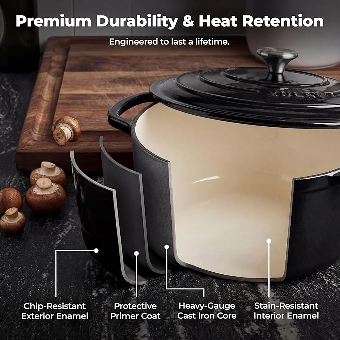 Zulay Kitchen 6 Quart Enameled Cast Iron Dutch Oven Pot with Lid – Premium Durability & Oven Safe up to 500°F – Heavy Duty Cookware Perfect for Bread Baking, Stews, Braising & Roasting – Black