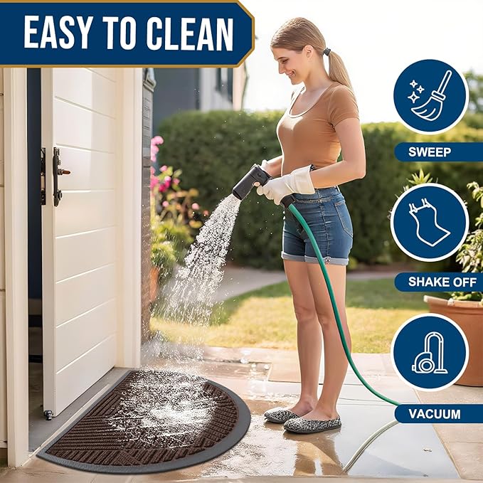 Smiry Half Circle Front Door Mat Outside Entrance, Heavy Duty Sturdy Natural Rubber Doormat, Trap Dirt and Moisture, Low Profile Mats for Indoor Outdoor Entry, Irregular Triangle (35x23, Dark Brown)