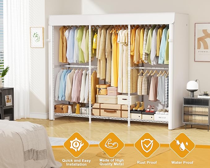 E14C Heavy Duty Closet Organizer System，Freestanding Clothing Racks for Hanging Clothes，Adjustable Garment Rack 70.1" W × 16.6" D × 76.4" H Hold 960 lbs，White Rack with White Dustproof Cover