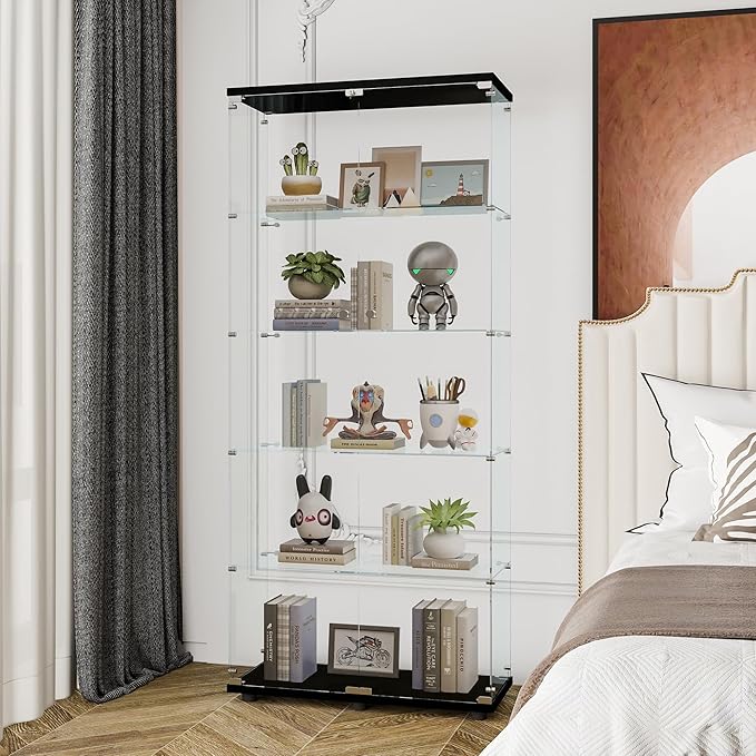 Yoluckea 5 Shelves Glass Display Cabinet with 2 Doors, Floor Standing Clear Glass Curio Cabinet Collection Display Case for Living Room Bedroom 73.82” x 31.69” x 14.37” Black