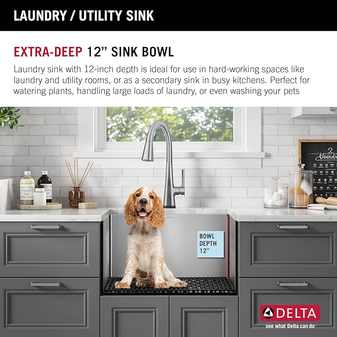 DELTA FAUCET Delta Lenta 24-inch Undermount 16 Gauge Stainless Steel Single Bowl Laundry Utility Kitchen Sink with Accessories, 953034-24SL-SS, Satin