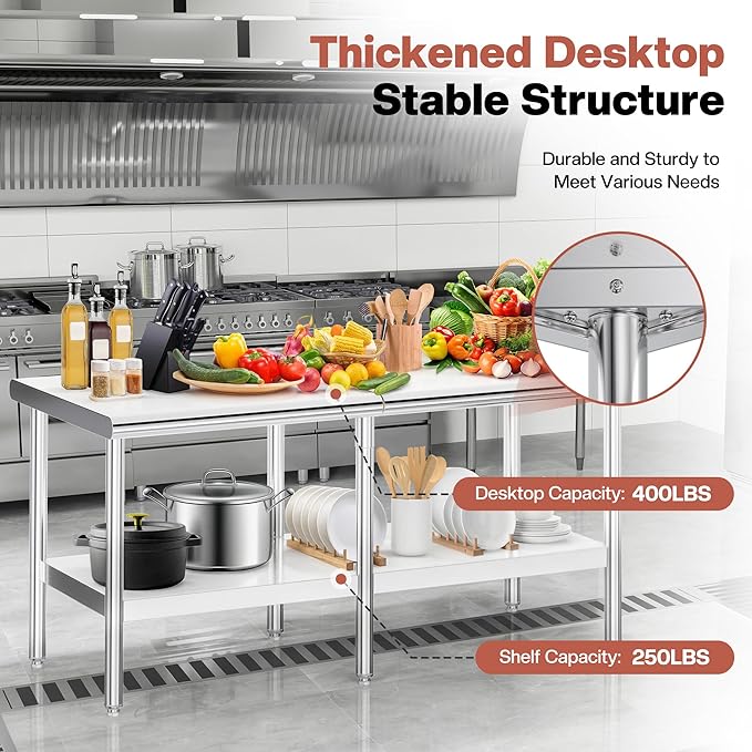 Jocisland 30" x 72" Stainless Steel Table for Prep & Work Adjustable Under Shelf and Feet, for Commercial Kitchen, Restaurant, Hotel, Garage