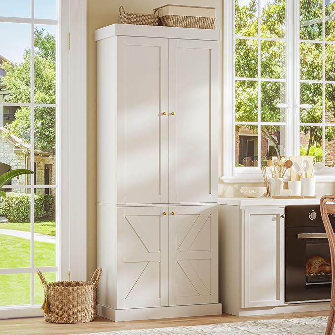 70.8" Tall Farmhouse Kitchen Pantry Cabinet with Doors, Modular Storage Cabinet with 4-Tier Adjustable Shelves, White, Wooden Hutch for Kitchen, Living Room, Set of 4