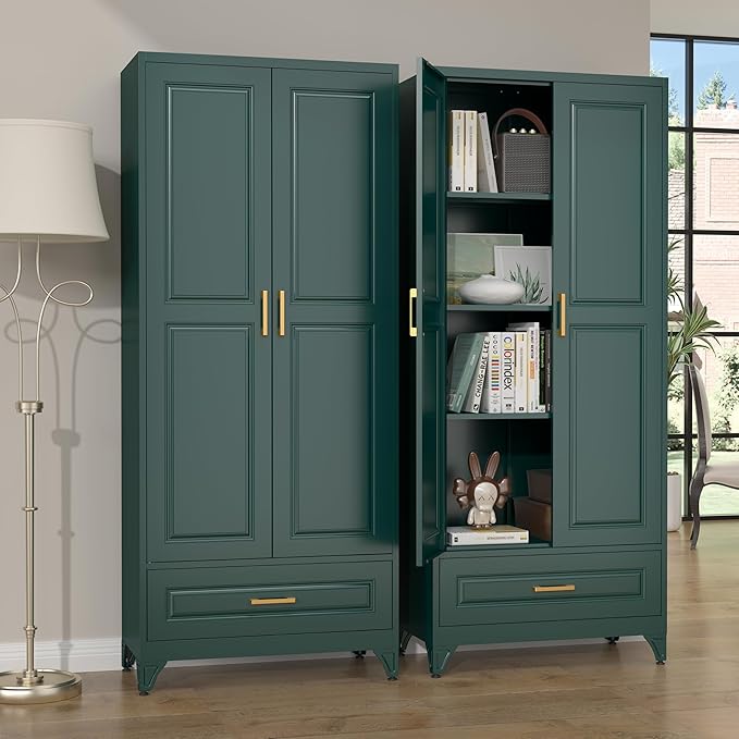 75" Kitchen Pantry Cabinet with Drawer, Metal Storage Cabinets with Doors and 4 Adjustable Shelves,Green Kitchen Cabinet with 2 Gold Handles,Food Cupboard for Livingroom,Pantry, Bathroom