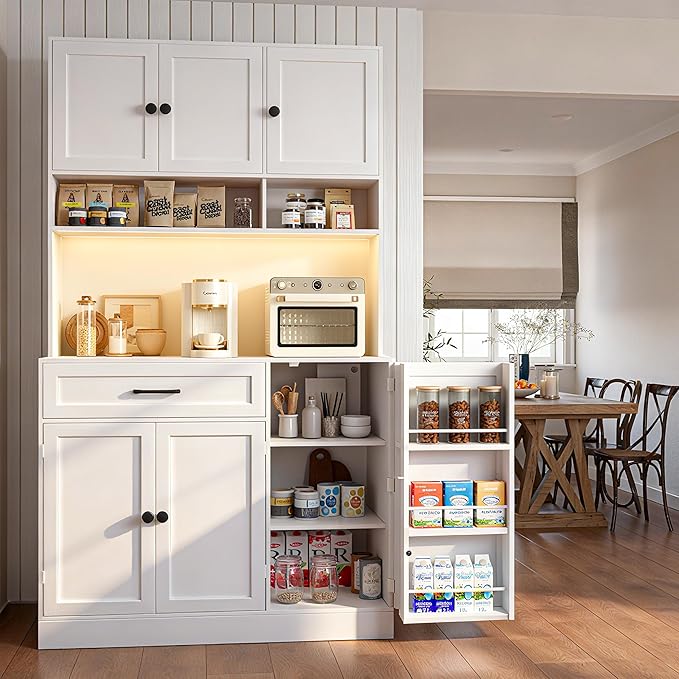 72" Kitchen Pantry Cabinet with LED Light and Charging Station Tall Pantry Storage Cabinet with Adjustable Shelves and Door Shelves Modern Kitchen Hutch with Microwave Stand and Countertop