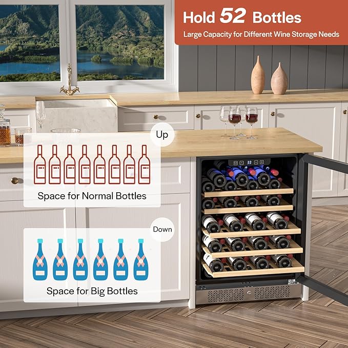 Empava Wine Cooler Refrigerator, 24 Inch Wine Fridge Under Counter, 52 Bottle Wine Enthusiast Wine Refrigerator, Low noise, Built in or Freestanding Wine Coolers for Home Office Bar