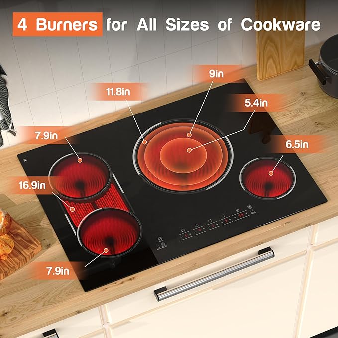 30 Inch Electric Cooktop, 4 Burner Ceramic Stove Top 7800W, Built-in Electric Stovetop with BBQ Burner, Touch Control, Timer, Child Safety Lock, Pause Function, 220-240V, Hard Wire, No Plug