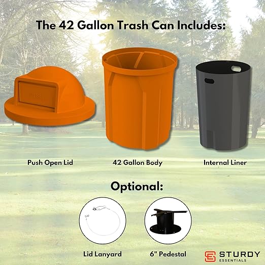 Campus Collection 42 Gallon Circle 100% Recycled Plastic Heavy-Duty Outdoor Commercial Trash Can with Push Open Dome Lid and Internal Liner Great for Schools and Businesses - Orange
