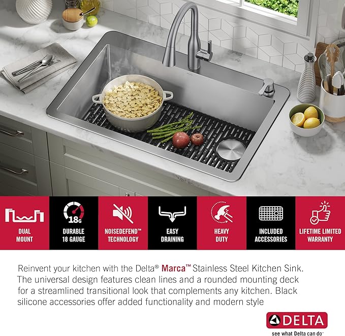 DELTA FAUCET Delta Marca 30 inch Drop-In Undermount Stainless Steel Single Bowl Kitchen Sink with Accessories
