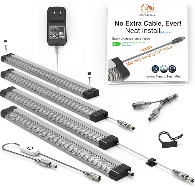 LED Under Cabinet Lighting Touch Under Counter Lights for Kitchen Built-in Adjustable Cable No Messy Wires! 4 Panel Cabinet Light 6500K 1800Lm Super Bright for Garage Pantry Closet Timer Smart Plug