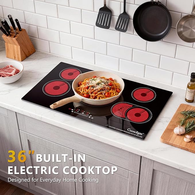 36″ Built-In Electric Cooktop – 5 Burner Ceramic Glass Stove, 9200W High Power, Precise Touch Control, 9 Heat Levels, Child Lock, Timer & Residual Heat Indicator, 220–240V Hard-Wired