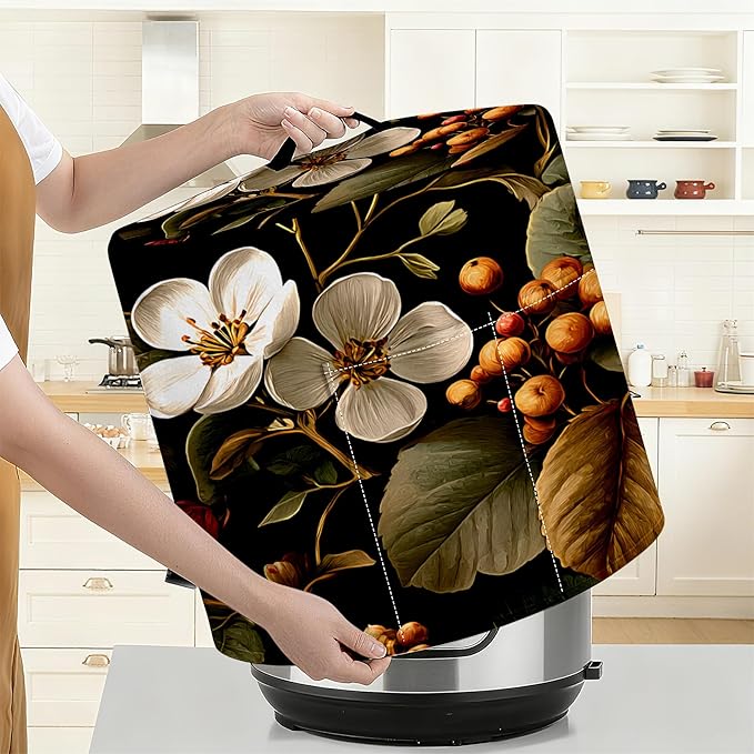 Kitchen Appliance Accessories Dust Cover for 3-6-8 Quart Instant Pot, Pressure Cooker, Air Fryer & Crock Pot,Decorative Appliance Cloth Cover with Top Handle & Storage Pockets (White flower, 3 Quart)