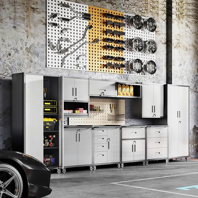 Tall Metal Storage Cabinet with Wheels Heavy Duty Large Metal Garage Cabinets with Adjustale Shelves Lockable Rolling Tool Cart for Warehouse Basement Kitchen, Assembly Required