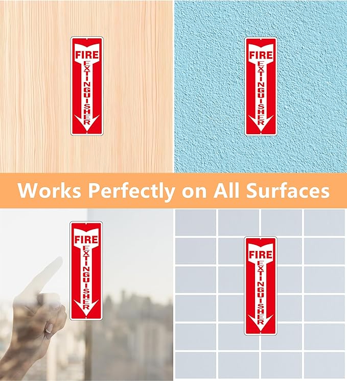 Fire Extinguisher Sign, (4 Pack) Self Adhesive Fire Extinguisher Sticker Signs for Indoor Outdoor, Rust Free Reflective Aluminum Metal Signs for Wall and Door (12 x 4 inches, Red/White)