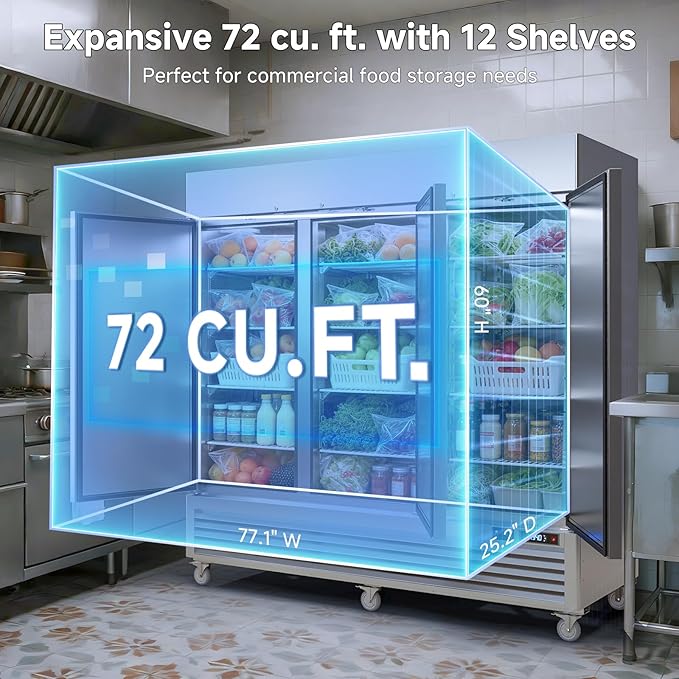 VEECOOL 72 cu.ft Commercial Refrigerator WiFi-Enabled, 82" Two Section Full Door Stainless Steel Reach in Refrigerator, LED Lighting, App and Digital Control, R290 Refrigerant, ETL&ETL Sanitation