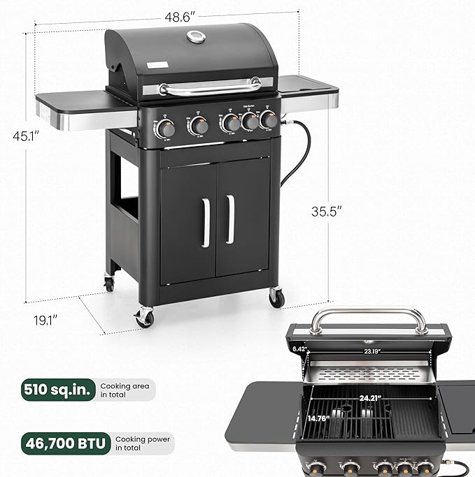 2 in 1 Propane Gas BBQ Grill with Side Burner & Porcelain-Enameled Cast Iron Grate, 4-Burner Flat Top Grill, 46,700 BTU Outdoor Barbecue Propane Griddle Grill Combo for Camping, Patio, Backyard