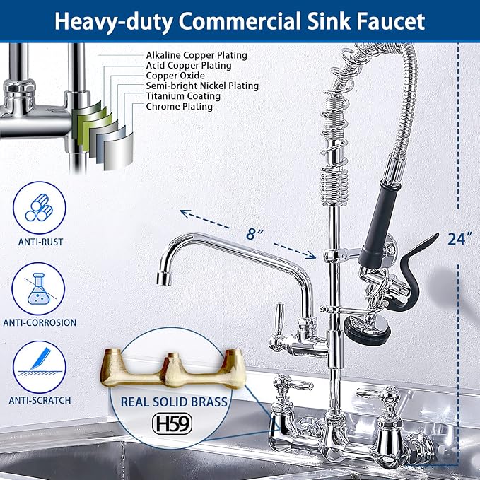 Commercial Sink Faucet with Sprayer with 8 Inch Swivel Spout 8" Center Wall Mount 3 Compartment Sink Faucet 24" Height Pre Rinse for Commercial Restaurant Kitchen, Chrome, Solid Brass