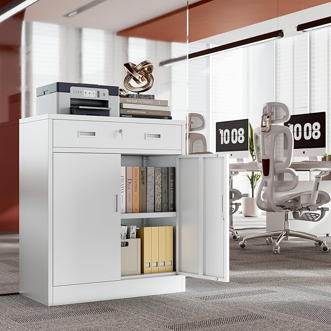 CJF Metal Storage Cabinet, Locking Storage Cabinet with Doors and 1 Drawer, 36" H x 28" W x 16" D Metal Cabinets for Office/Home/Garage -White