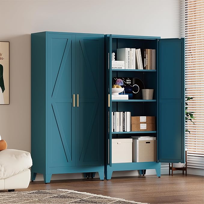 61" Tall Pantry Cabinet, White Metal Pantry Storage Cabinet, Kitchen Pantry Storage Cabinets with 2 Door and 3 Adjustable Shelves (Blue, 61" H)