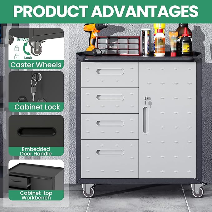 Garage Cabinets,Metal Garage Storage Cabinet with Wheels,Lockable Rolling Tool Cabinet with Drawer and Adjustable Shelves,Heavy Duty Tool Chest for Home Office Utility Room,Black/Grey