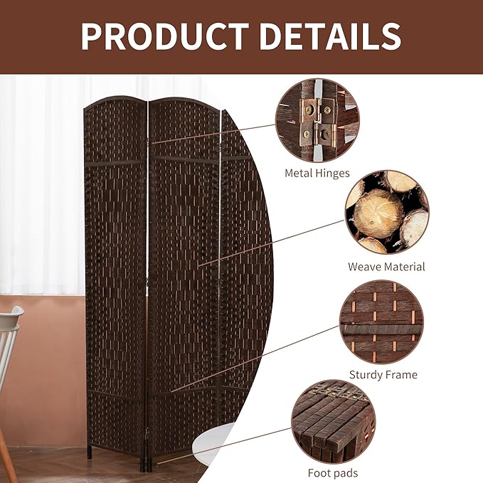 Duraspace 8 Panels Room Divider 6 FT Tall Weave Fiber Privacy Screen Freestanding Double Hinged Folding Screen Extra Wide Room Dividers for Patio Privacy (Brown)