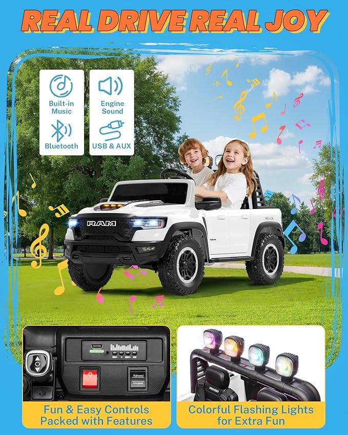 ENYOPRO 24V 2 Seater Ride on Car for Kids, Licensed RAM 1500 RHO Ride on Truck w/Remote Control, Toddlers Electric Car w/LED Lights, Bluetooth, Soft Start, 4-Wheel Suspension, Rear Cargo Bed (White)