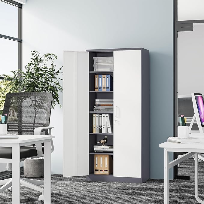 Metal Cabinet Steel Storage Cabinet - 71” Tall Steel File Cabinets with Lockable Doors and 5 Adjustable Shelves Gray&White Storage Cabinets for Home, School, Office, Garage