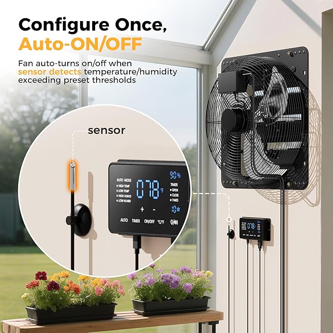 16 Inch EC Motor Shutter Exhaust Fan, 6 Inch Large Touchscreen Controller for Temp Humidity and Speed Control, 10-Speed Wall Mount Fan for Attic, Greenhouse, Garage, Chicken Coop Ventilation