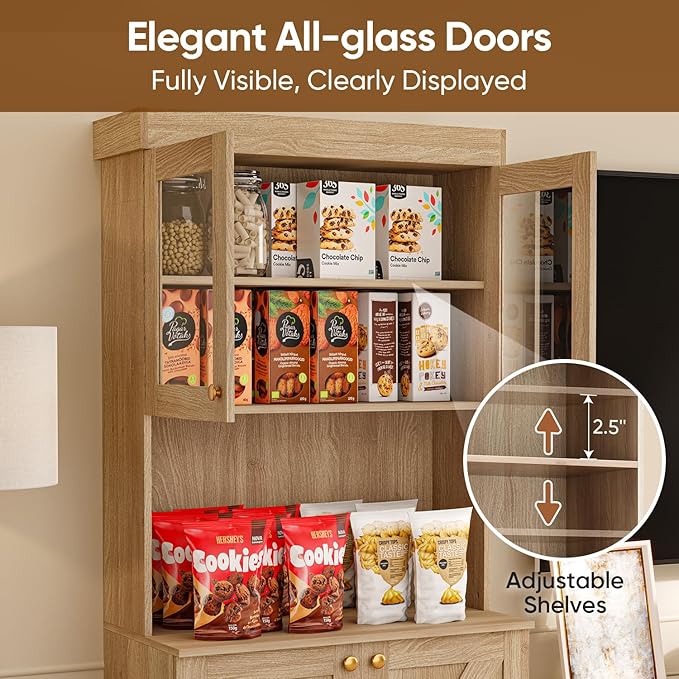 71" Farmhouse Kitchen Pantry Cabinet Set of 2, Tall Freestanding Storage Hutch with Glass Doors, Microwave Stand and Adjustable Shelves, Coffee Bar Cabinet for Kitchen or Living Room, Brown