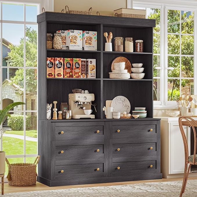 71" Tall Farmhouse Kitchen Pantry, Large Freestanding Storage Cabinet with Drawers, Coffee Bar Hutch with Microwave Stand and Adjustable Shelves for Kitchen and Living Room, Black, Set of 2