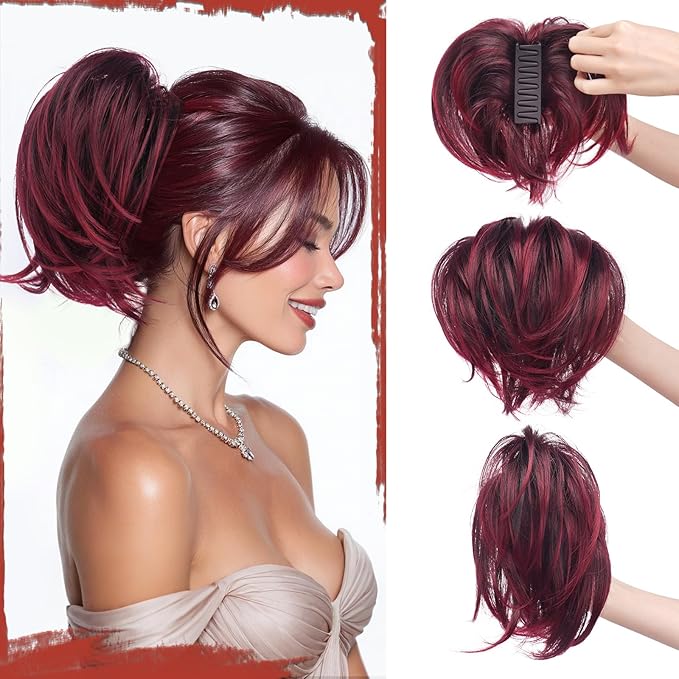 SOFEIYAN Claw Clip Short Ponytail Extension DIY Bendable Wires Hair Bun Fluffy Fake Hair Piece Straight Synthetic Hair Ponytail Extensions for Wonen - Wine Red