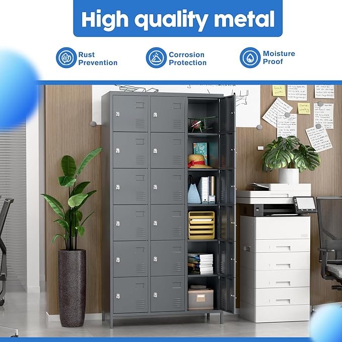 METAN Metal Locker for School Office Gym Bedroom, 18 Doors Steel Storage Locker Cabinet for Employees, Industrial Storage Locker, Assembly Required,Dark Gray