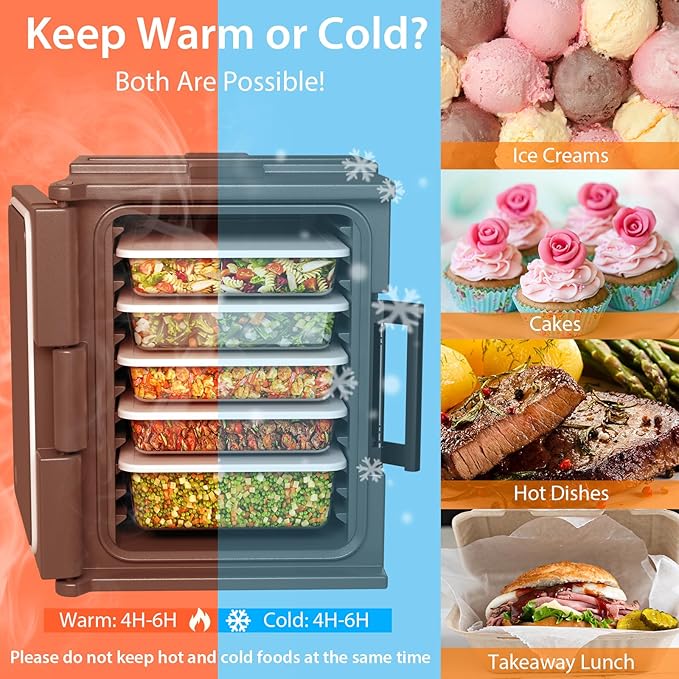COSTWAY Insulated Food Pan Carrier, 95 Qt Hot Box Catering for 6 Full-Size Pan, Stackable Design, Fastener, Portable Front-Loading Food Warmer for Family Gathering, Buffets, Restaurant, Grey (2)